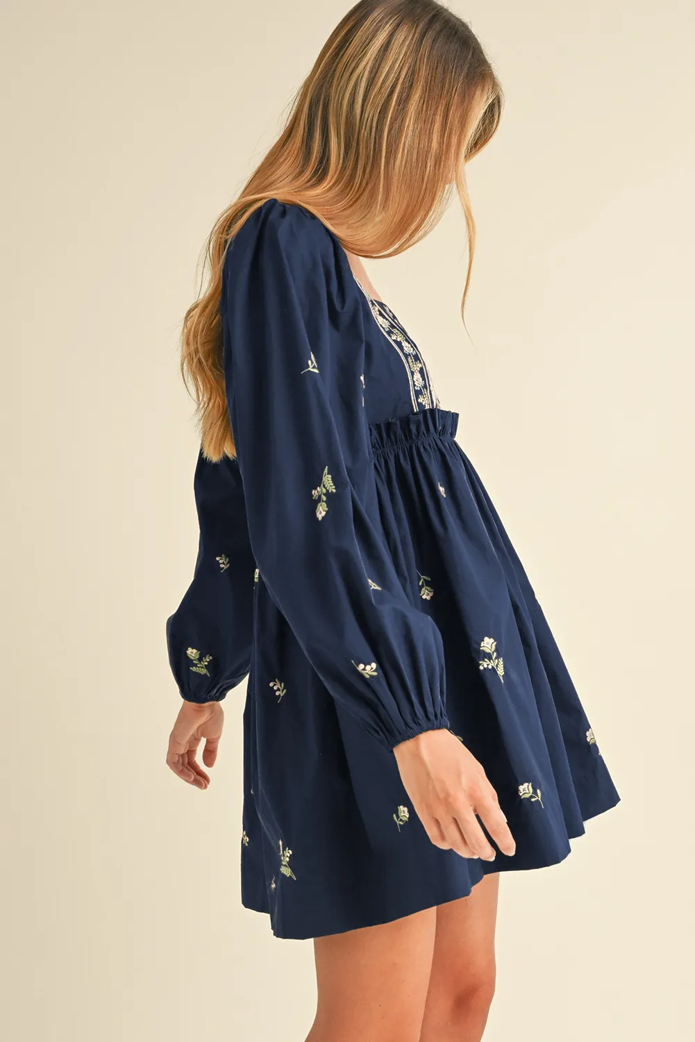 Blue Floral Embroidered Square Neck Puff Sleeve Ruffled Mini Dress