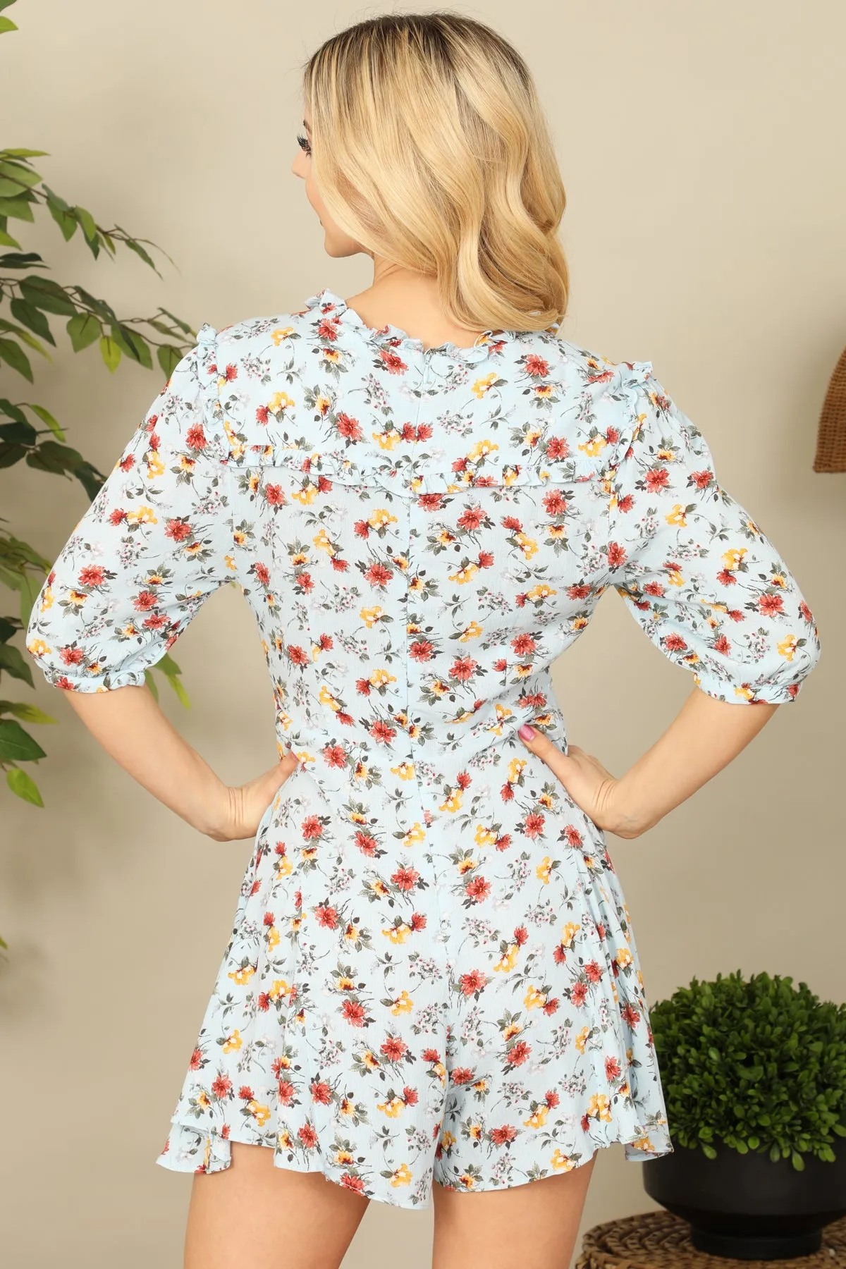BLUE FLORAL HALF PUFF SLEEVE V-NECK TIE DETAIL ROMPER 2-2-1