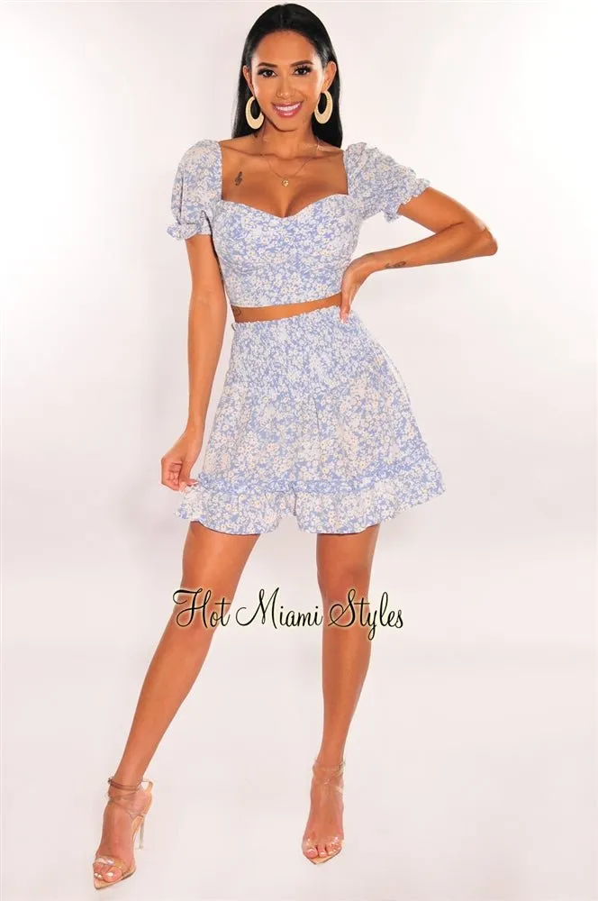 Blue Floral Print Padded Skirt Two Piece Set