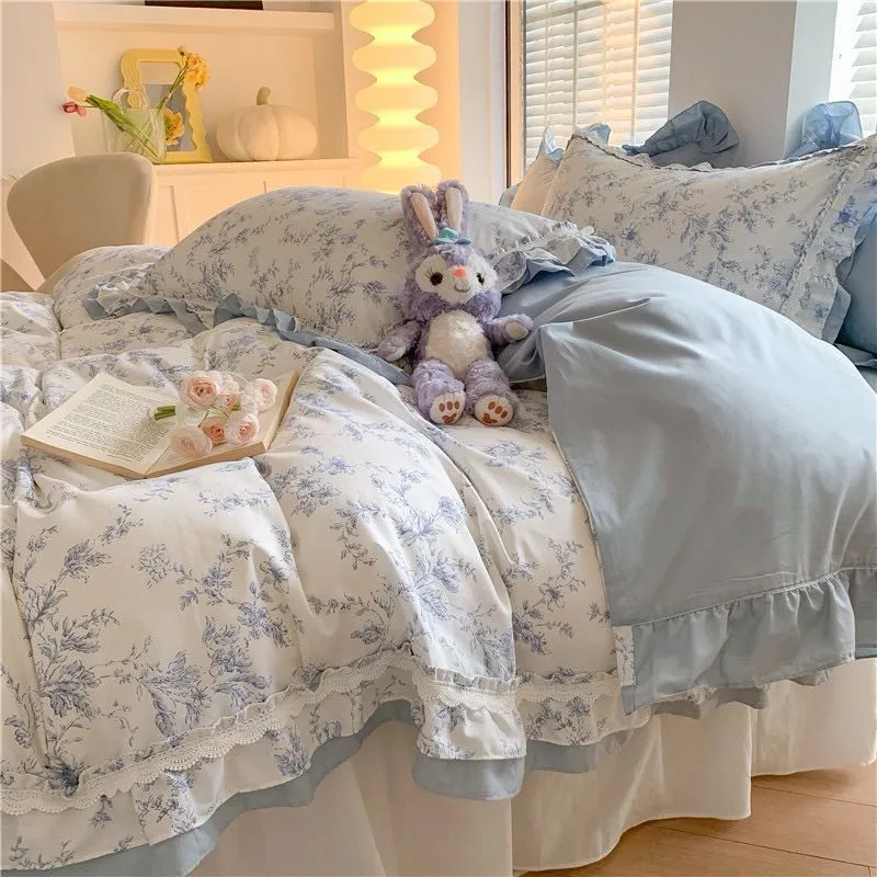 Blue Floral Ruffle Bed Skirt Set