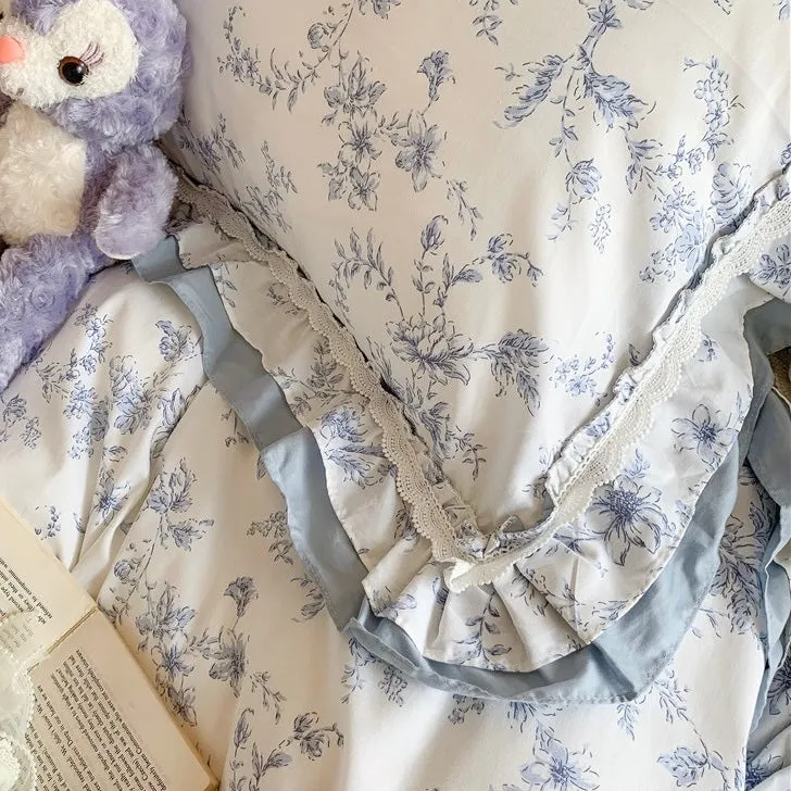 Blue Floral Ruffle Bed Skirt Set