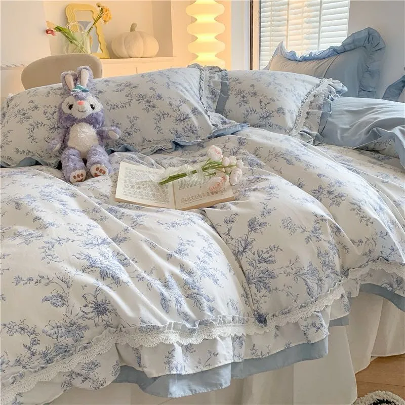 Blue Floral Ruffle Bed Skirt Set