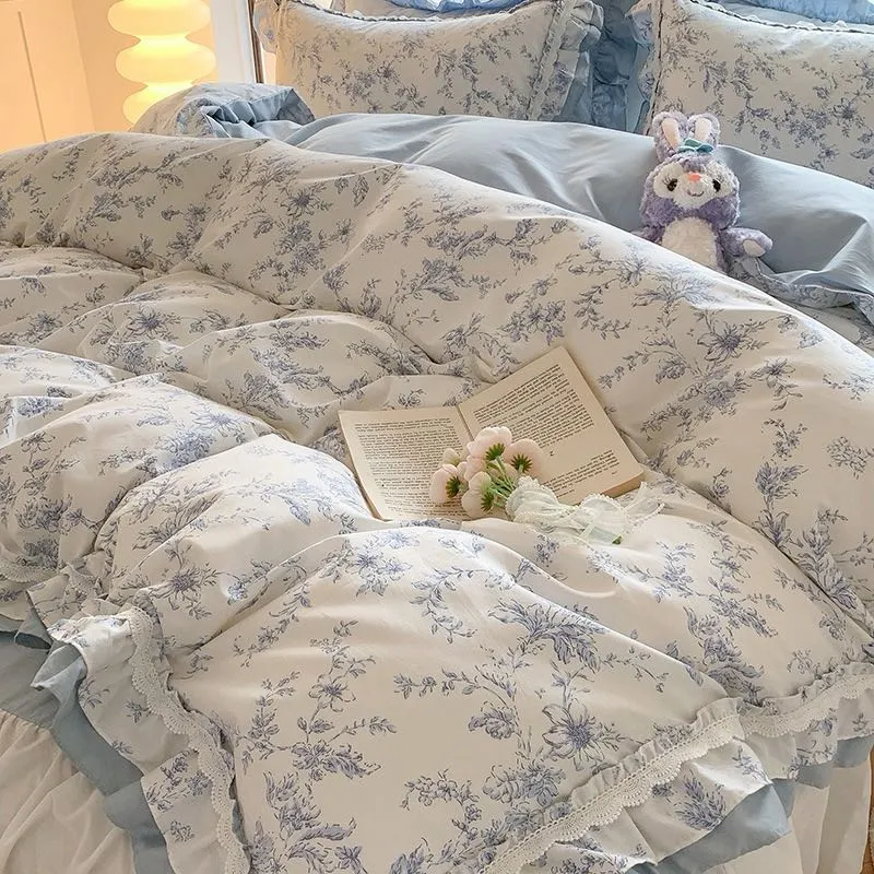 Blue Floral Ruffle Bed Skirt Set