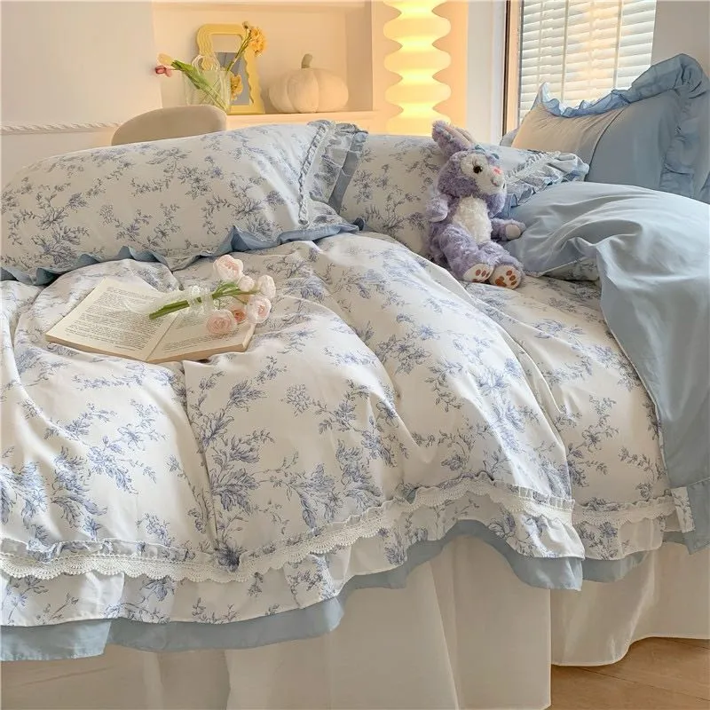 Blue Floral Ruffle Bed Skirt Set