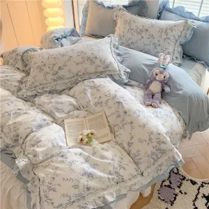 Blue Floral Ruffle Bed Skirt Set