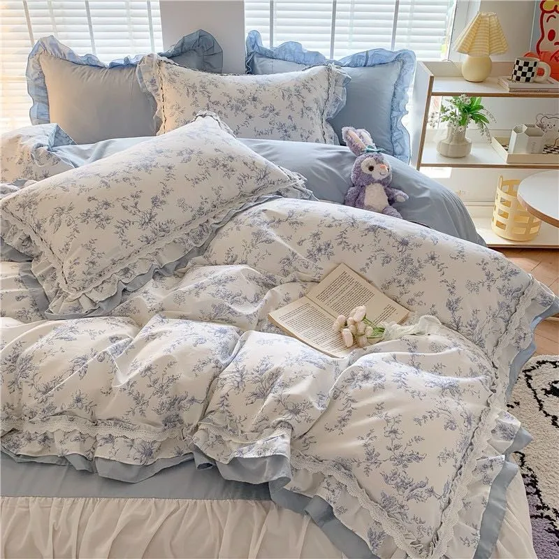 Blue Floral Ruffle Bed Skirt Set