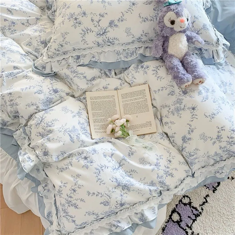 Blue Floral Ruffle Bed Skirt Set