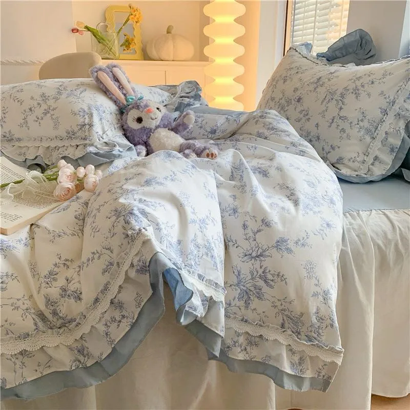Blue Floral Ruffle Bed Skirt Set