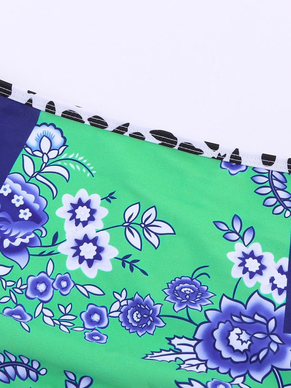 Blue Floral Ruffle Trim High Waist Bikini Set