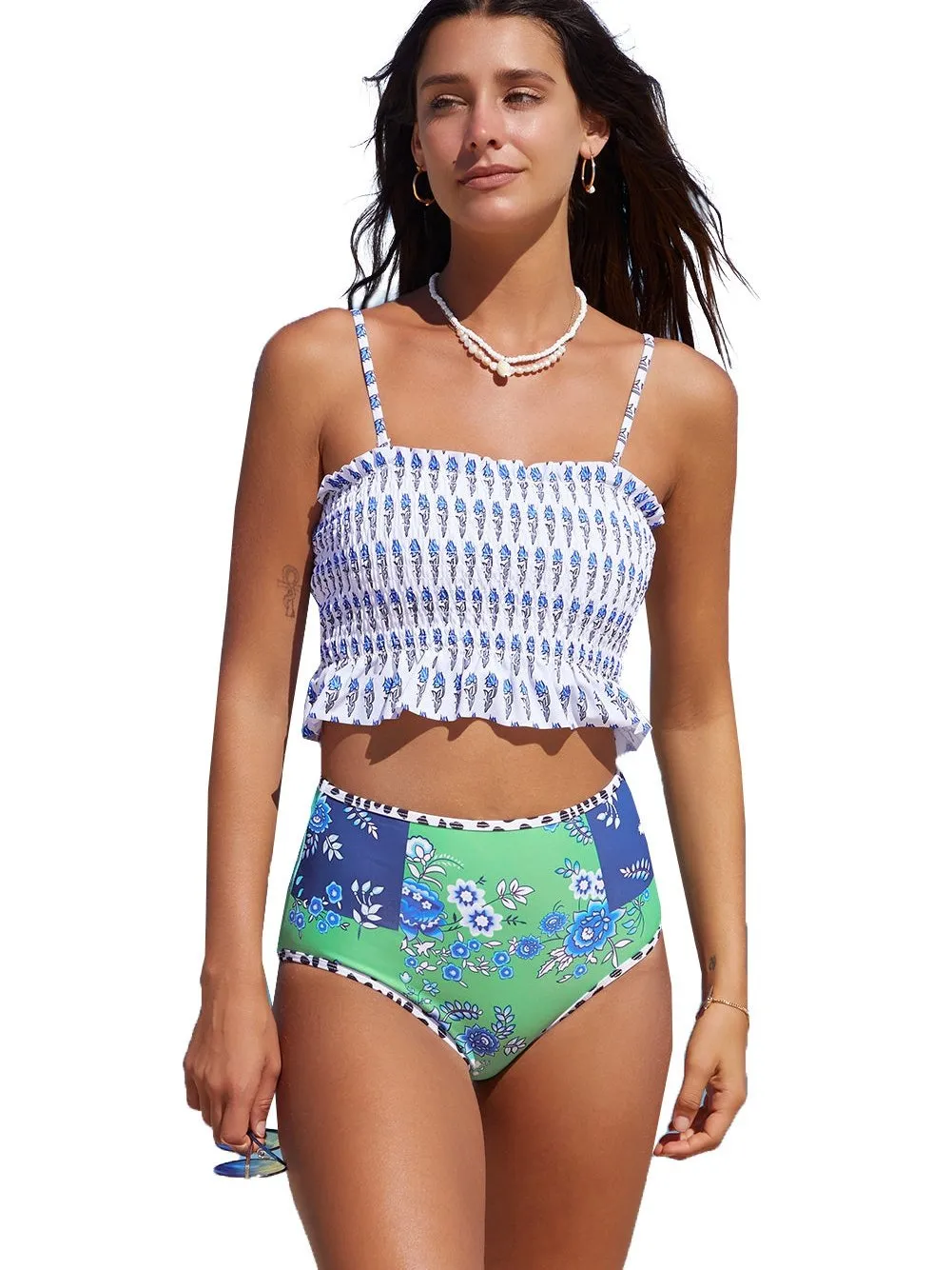 Blue Floral Ruffle Trim High Waist Bikini Set