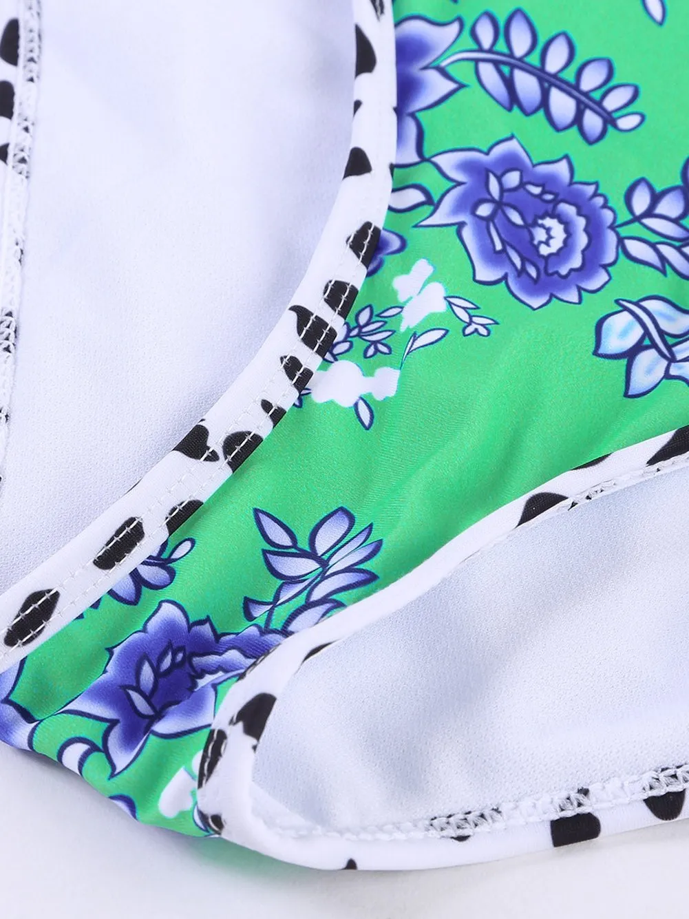 Blue Floral Ruffle Trim High Waist Bikini Set