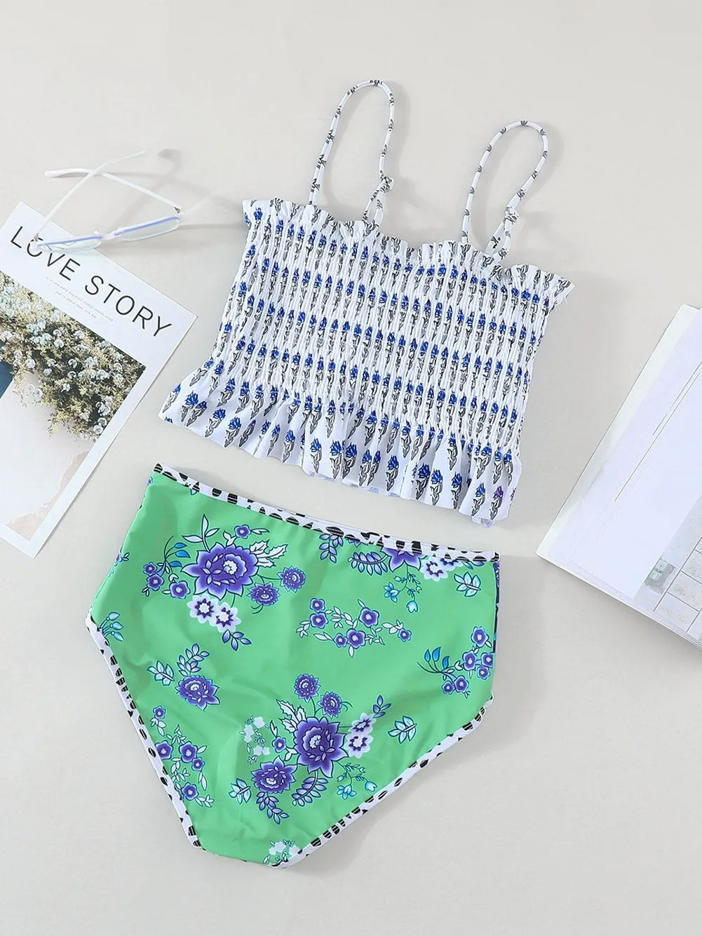 Blue Floral Ruffle Trim High Waist Bikini Set