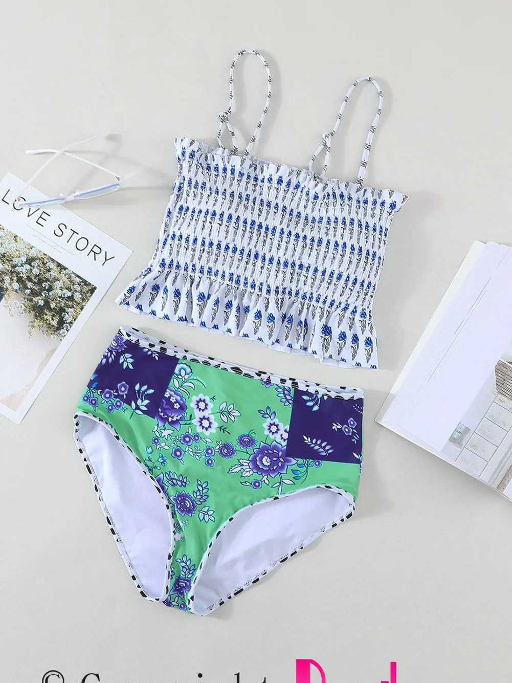 Blue Floral Ruffle Trim High Waist Bikini Set