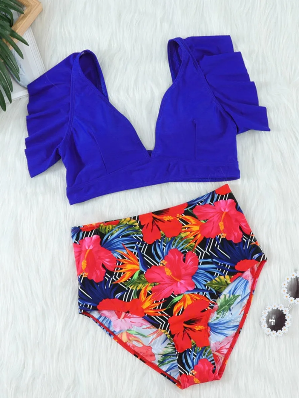 Blue Floral Ruffle Trim High Waisted Bikini Ensemble