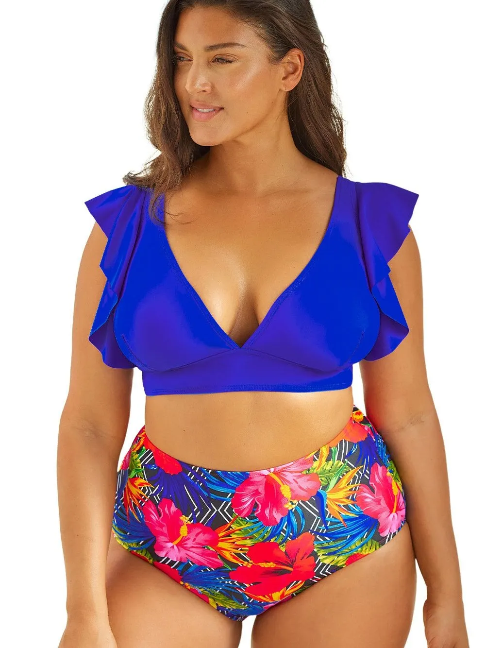 Blue Floral Ruffle Trim High Waisted Bikini Ensemble