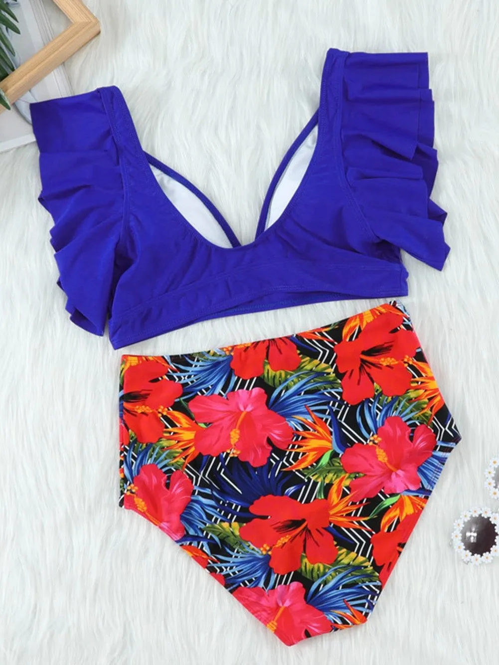 Blue Floral Ruffle Trim High Waisted Bikini Ensemble