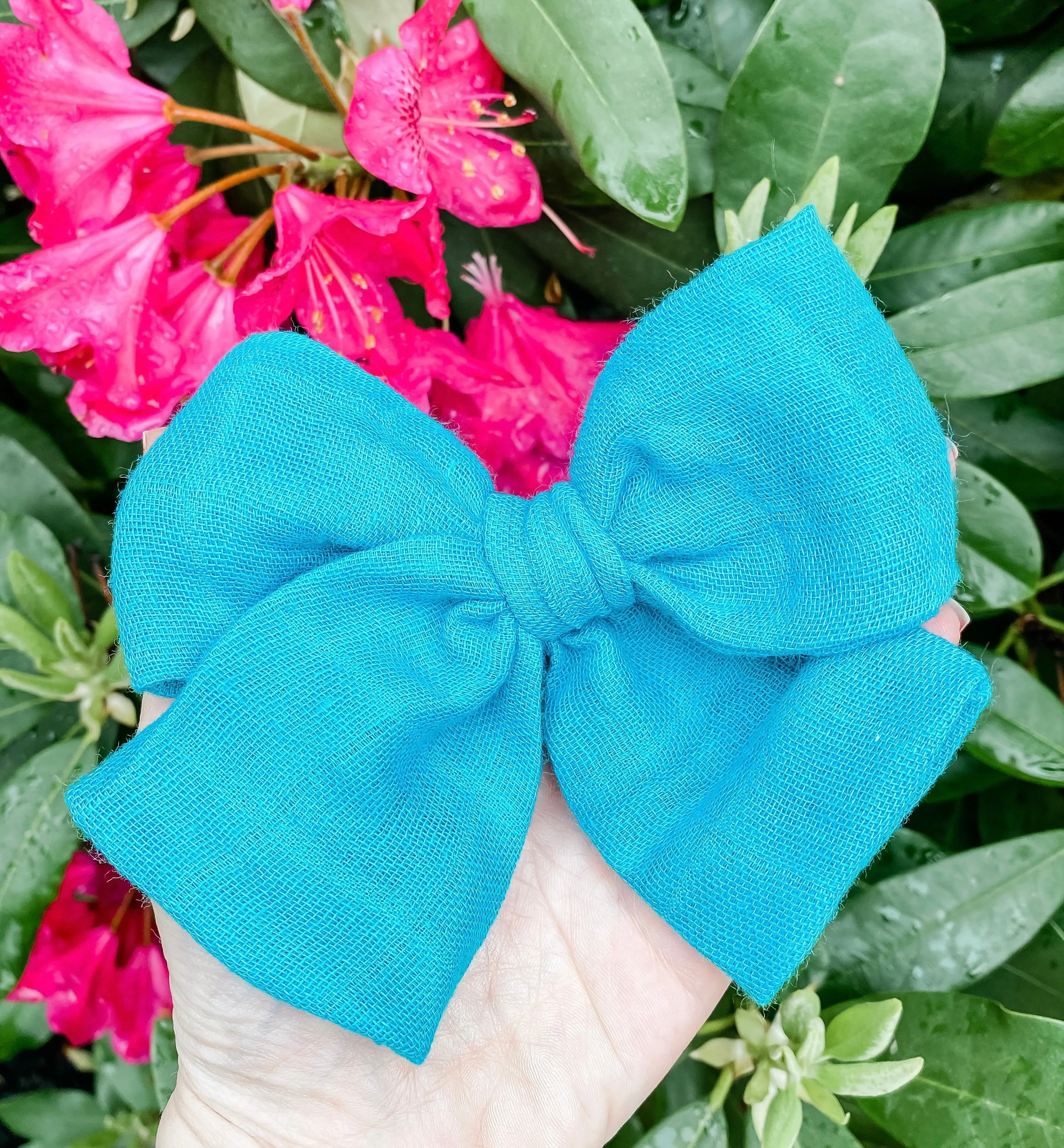 Blue Linen Neon Hand Tied Fabric Bow Headband | Hair Clip