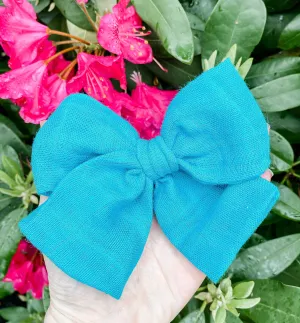 Blue Linen Neon Hand Tied Fabric Bow Headband | Hair Clip
