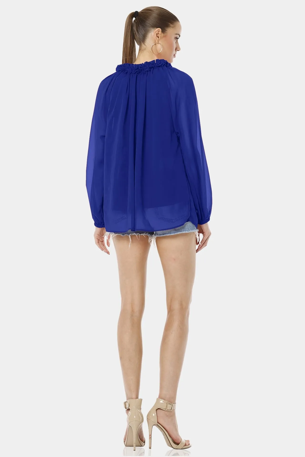 Blue Long Puff Sleeves Top With Ruffle Neckline