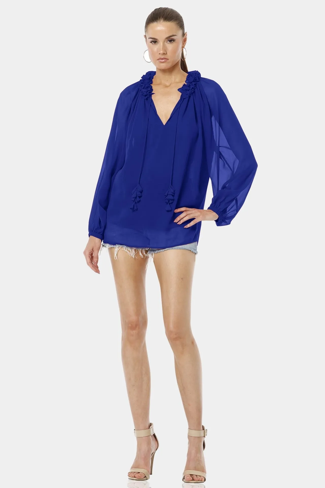 Blue Long Puff Sleeves Top With Ruffle Neckline