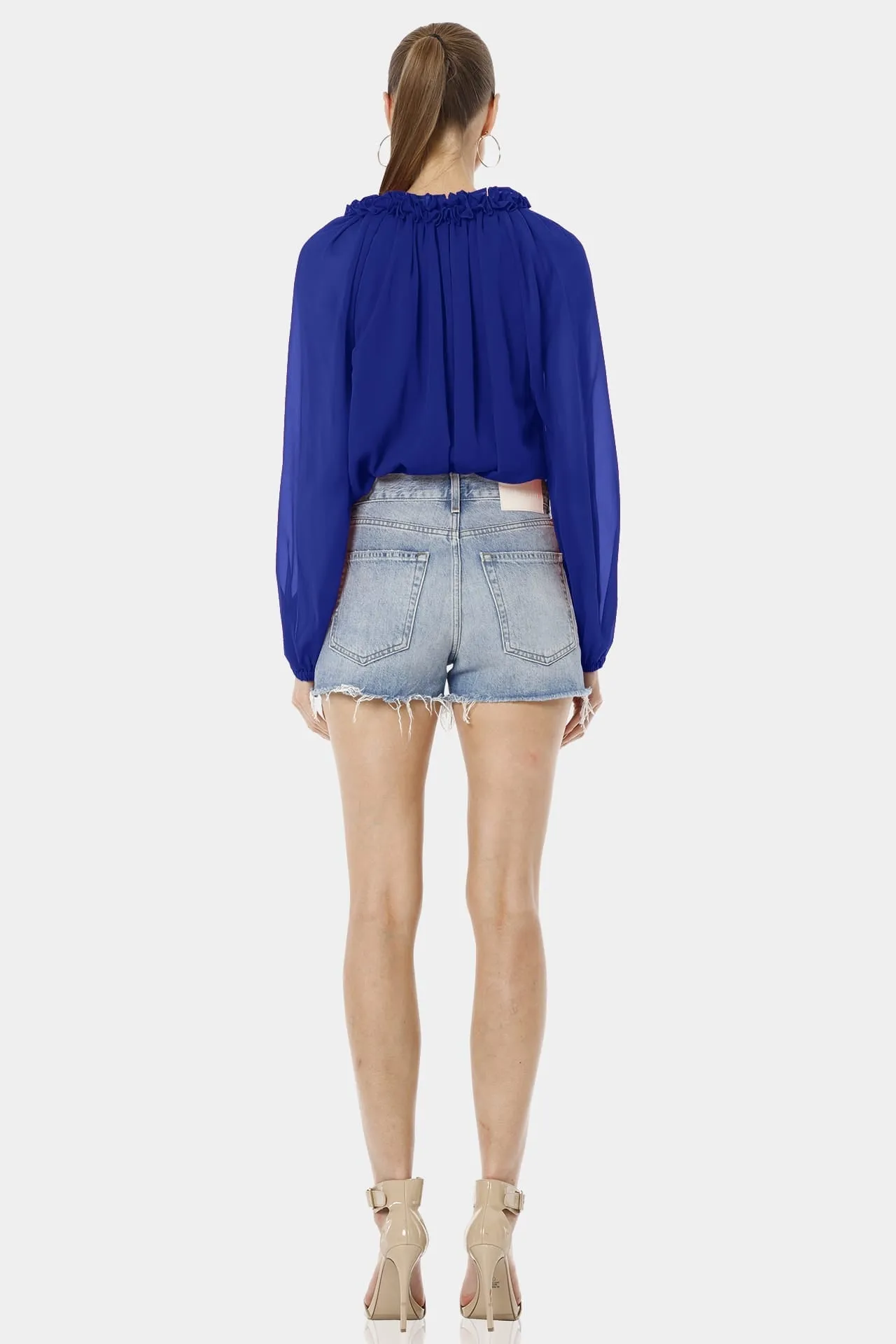 Blue Long Puff Sleeves Top With Ruffle Neckline