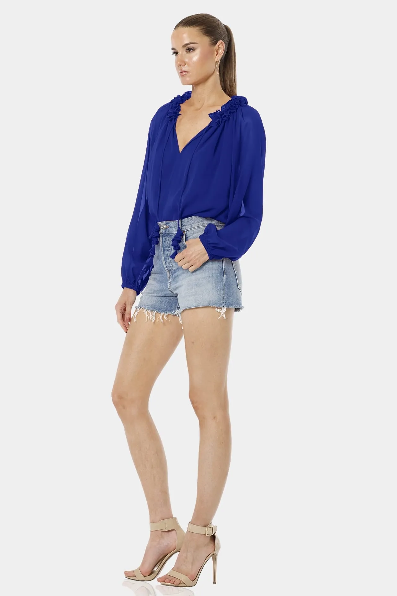 Blue Long Puff Sleeves Top With Ruffle Neckline