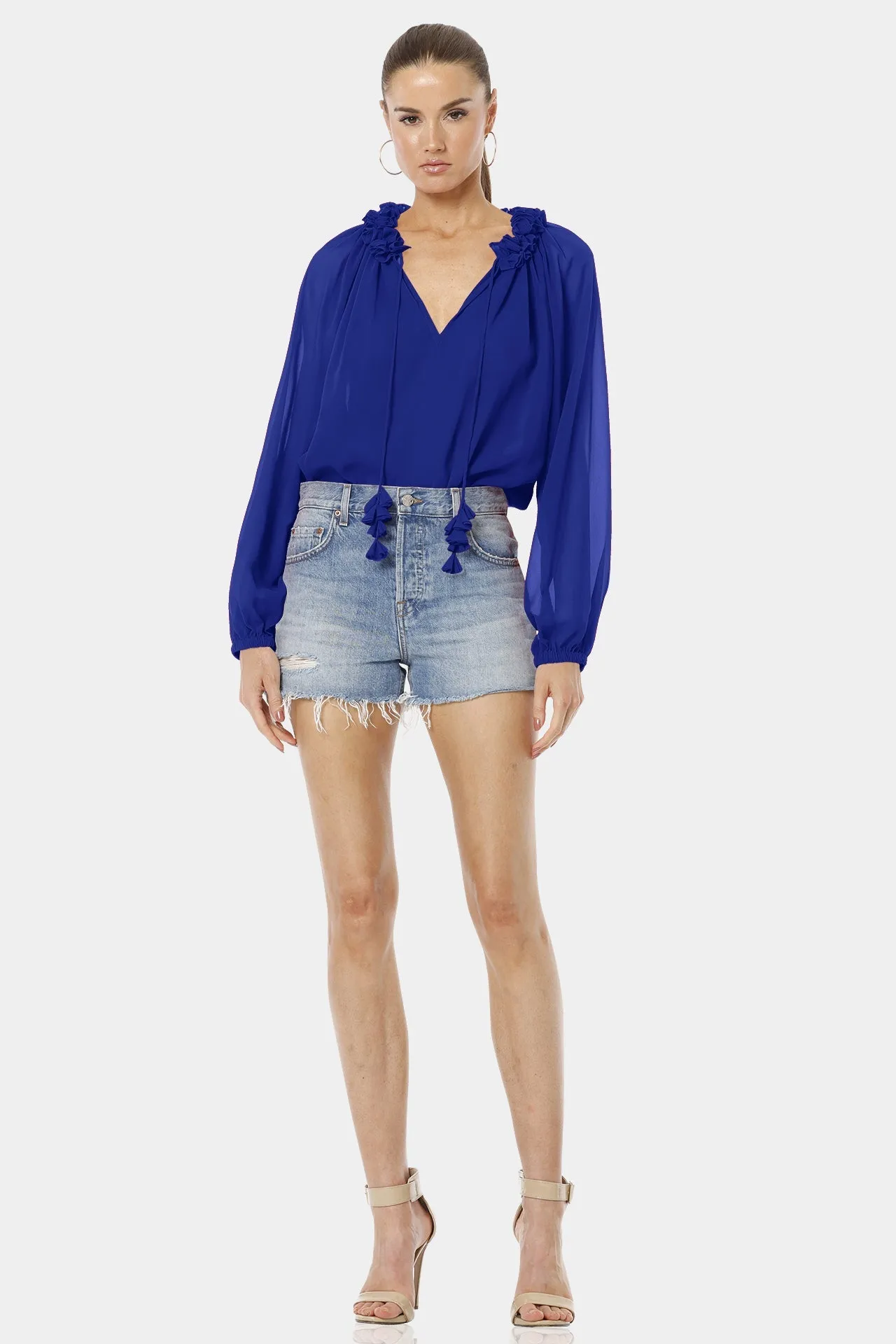 Blue Long Puff Sleeves Top With Ruffle Neckline