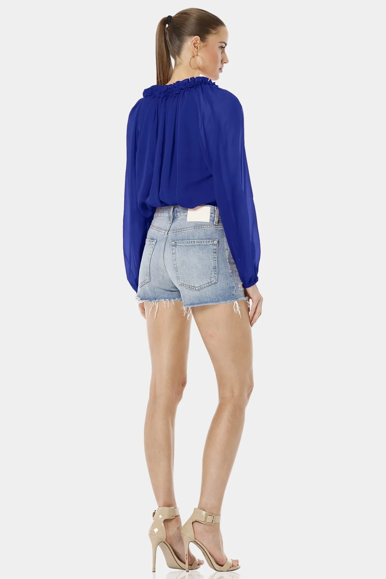 Blue Long Puff Sleeves Top With Ruffle Neckline