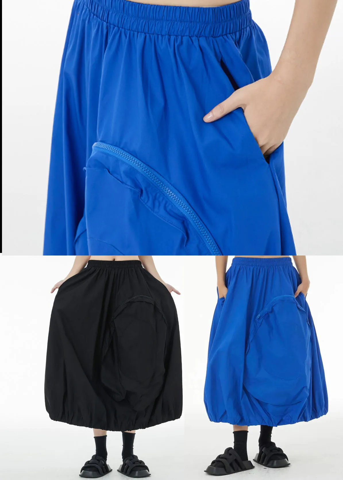 Blue Patchwork Cotton A Line Skirts Zip Up Pockets Summer TS1079