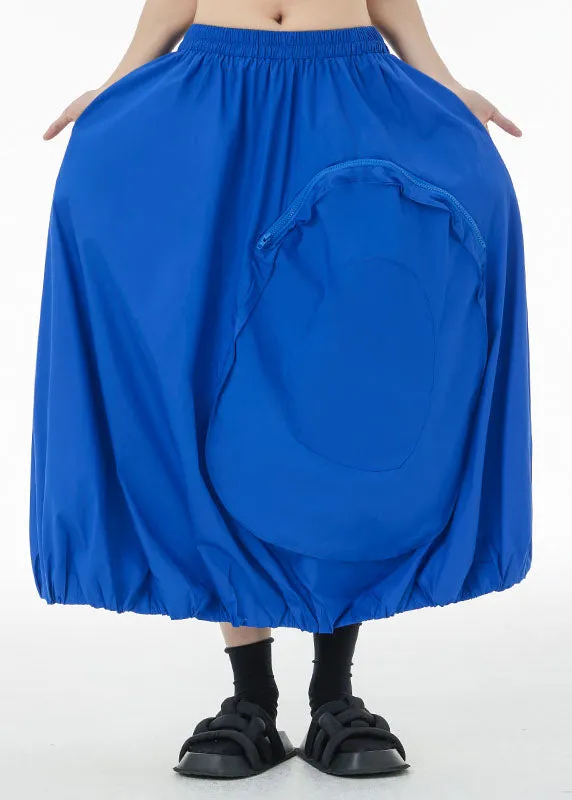 Blue Patchwork Cotton A Line Skirts Zip Up Pockets Summer TS1079