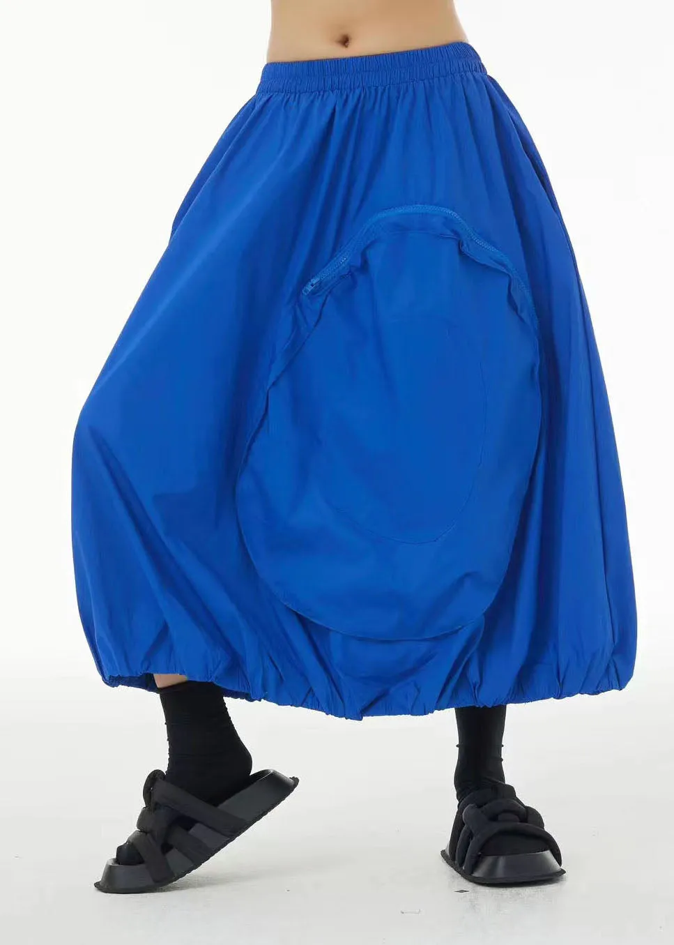 Blue Patchwork Cotton A Line Skirts Zip Up Pockets Summer TS1079