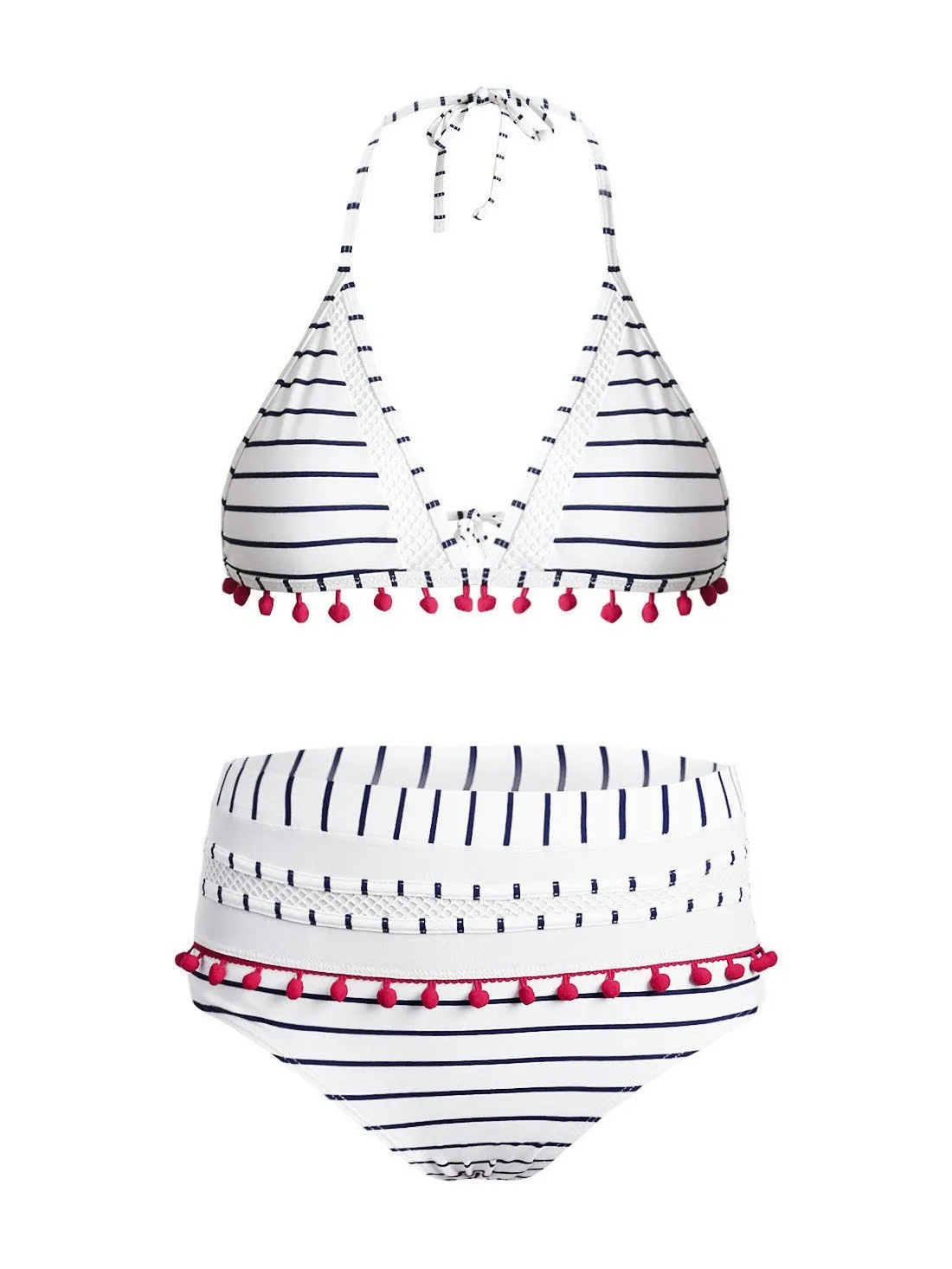 Blue Pom Pom Mesh Insert High Waist Swimsuit with Halter Neck