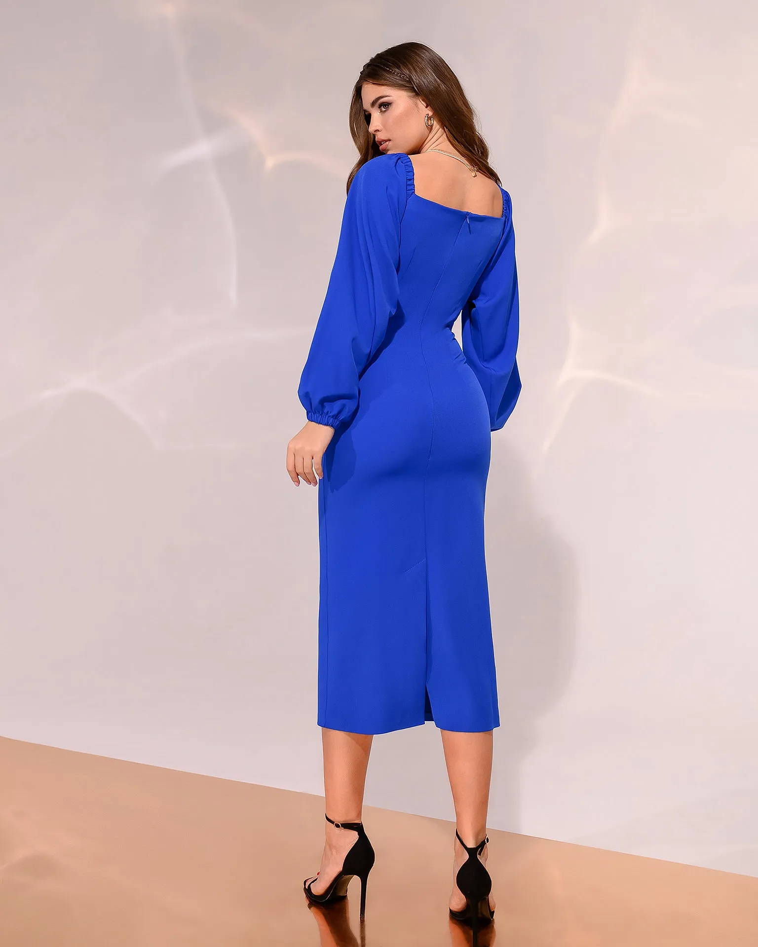 Blue Puff-Sleeve Midi Dress