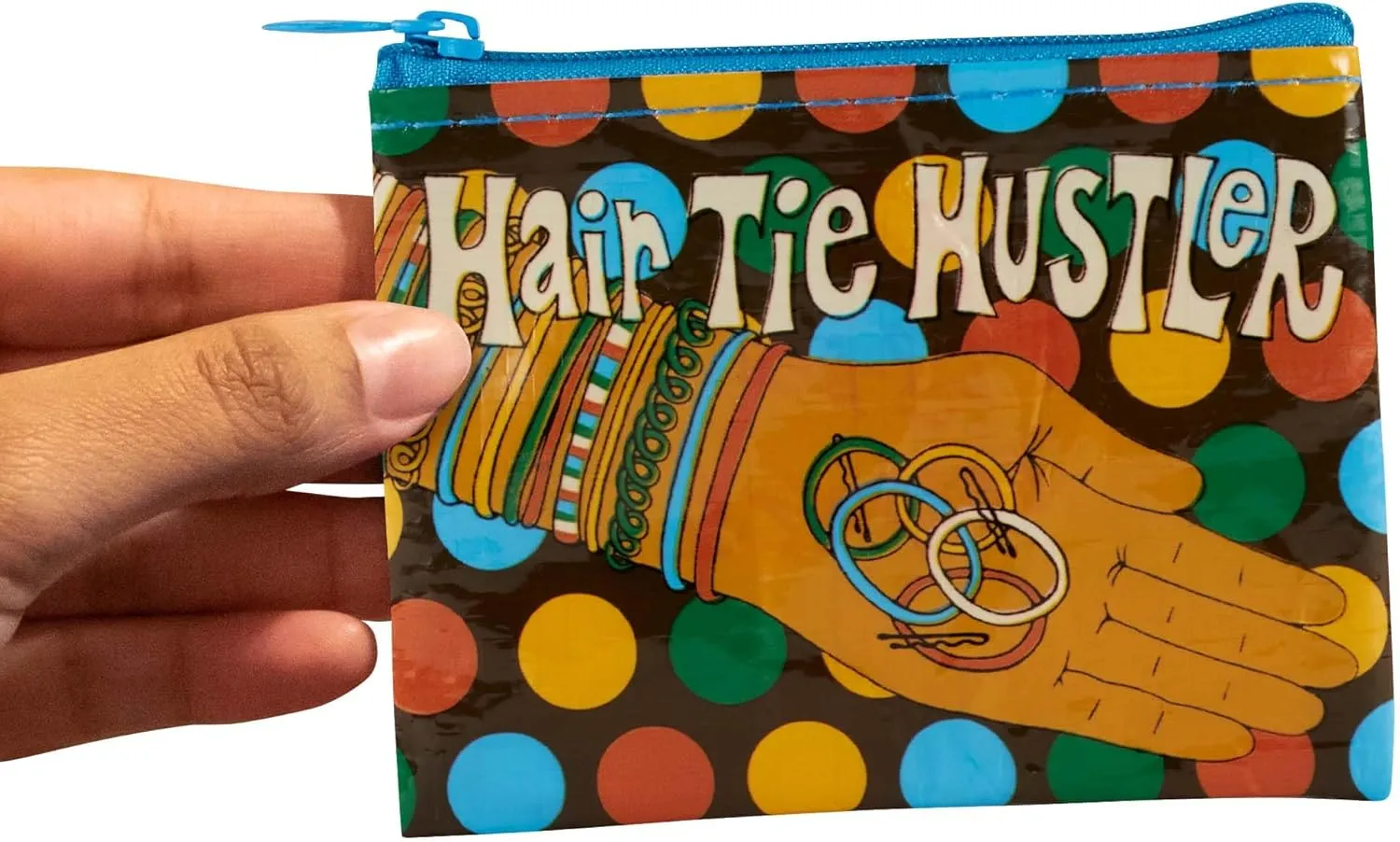 Blue Q Coin Purse, Made from 95% Recycled Plastic. Handy little zippered bag to stow coins, gift cards, ear buds, more. 3"h x 4"w.