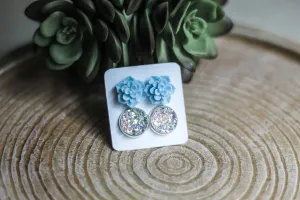 Blue Succulent & Druzy Stud Earring Set