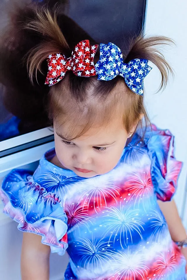 Blue White Star Patriotic Glitter Bow Headband | Hair Clip