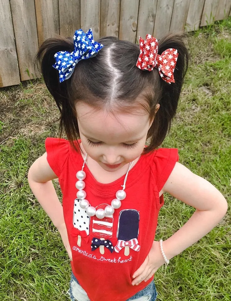 Blue White Star Patriotic Glitter Bow Headband | Hair Clip