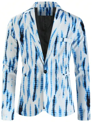 Blue White Tie Dye Lapel Single Button Blazer