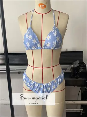 Blue With White Floral Print Triangle Bikini Set