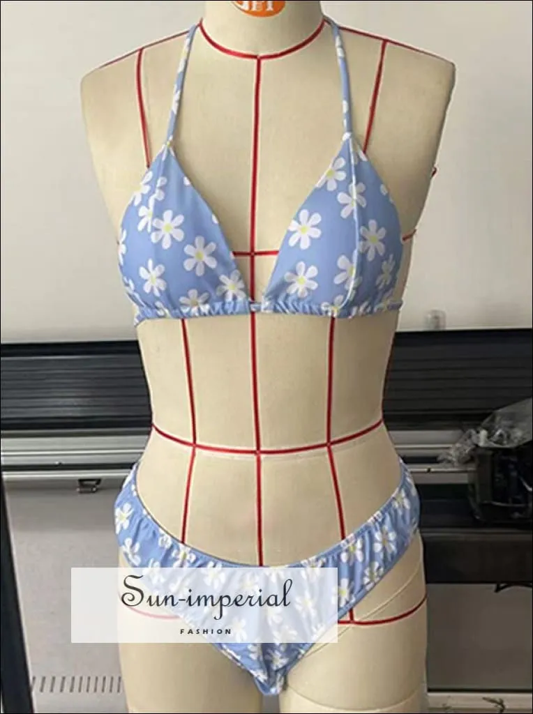 Blue With White Floral Print Triangle Bikini Set