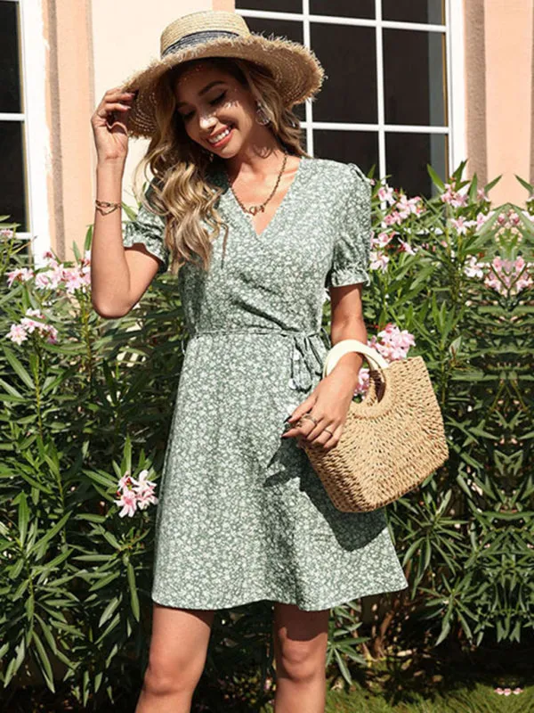 Blue Zone Planet |  Green V-Neck Print Ladies Mori Dress
