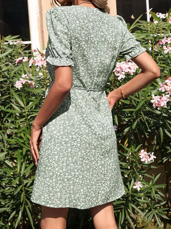 Blue Zone Planet |  Green V-Neck Print Ladies Mori Dress