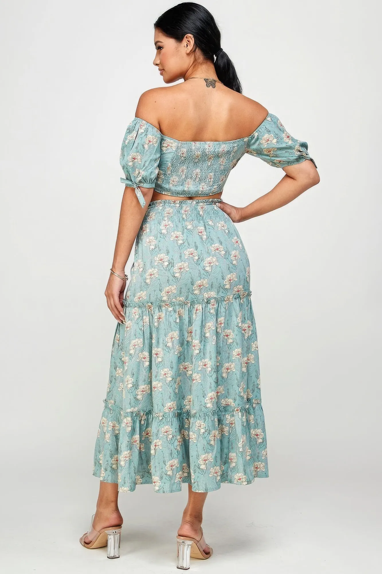 Blue Zone Planet |  Marisol's Floral Off Shoulder Sleeve Back Tie Top Skirt Set