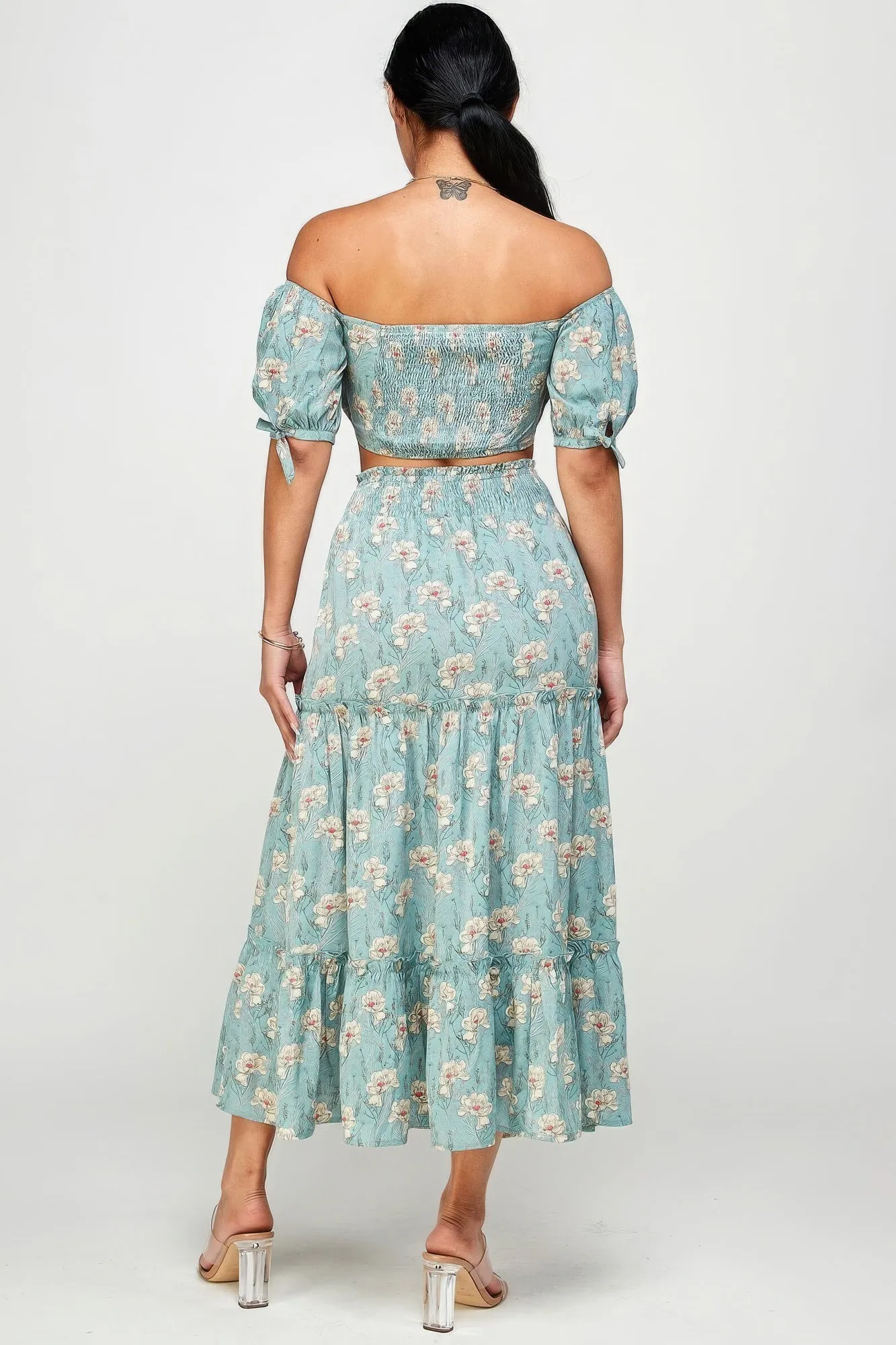 Blue Zone Planet |  Marisol's Floral Off Shoulder Sleeve Back Tie Top Skirt Set