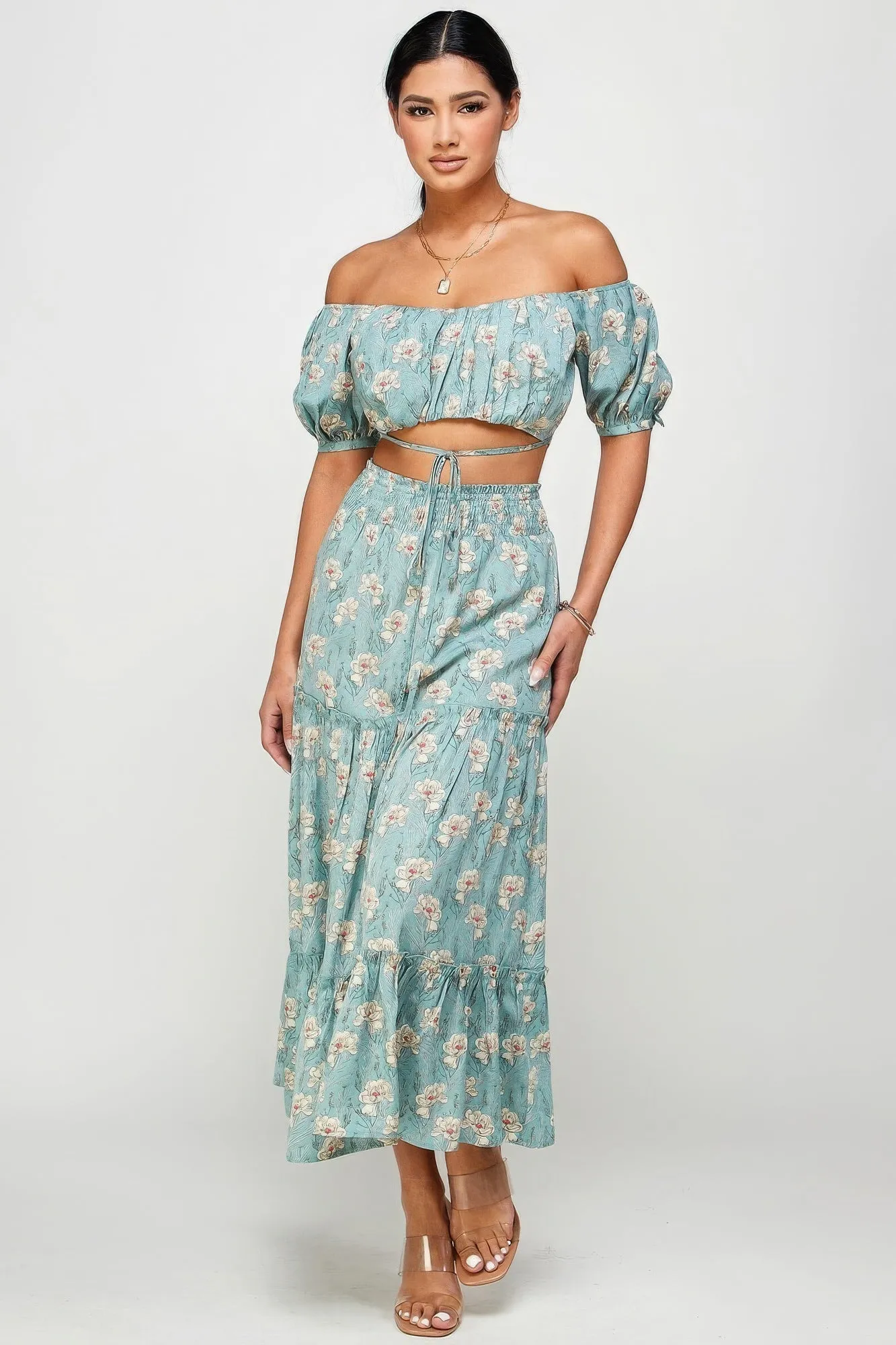 Blue Zone Planet |  Marisol's Floral Off Shoulder Sleeve Back Tie Top Skirt Set