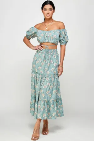 Blue Zone Planet |  Marisol's Floral Off Shoulder Sleeve Back Tie Top Skirt Set