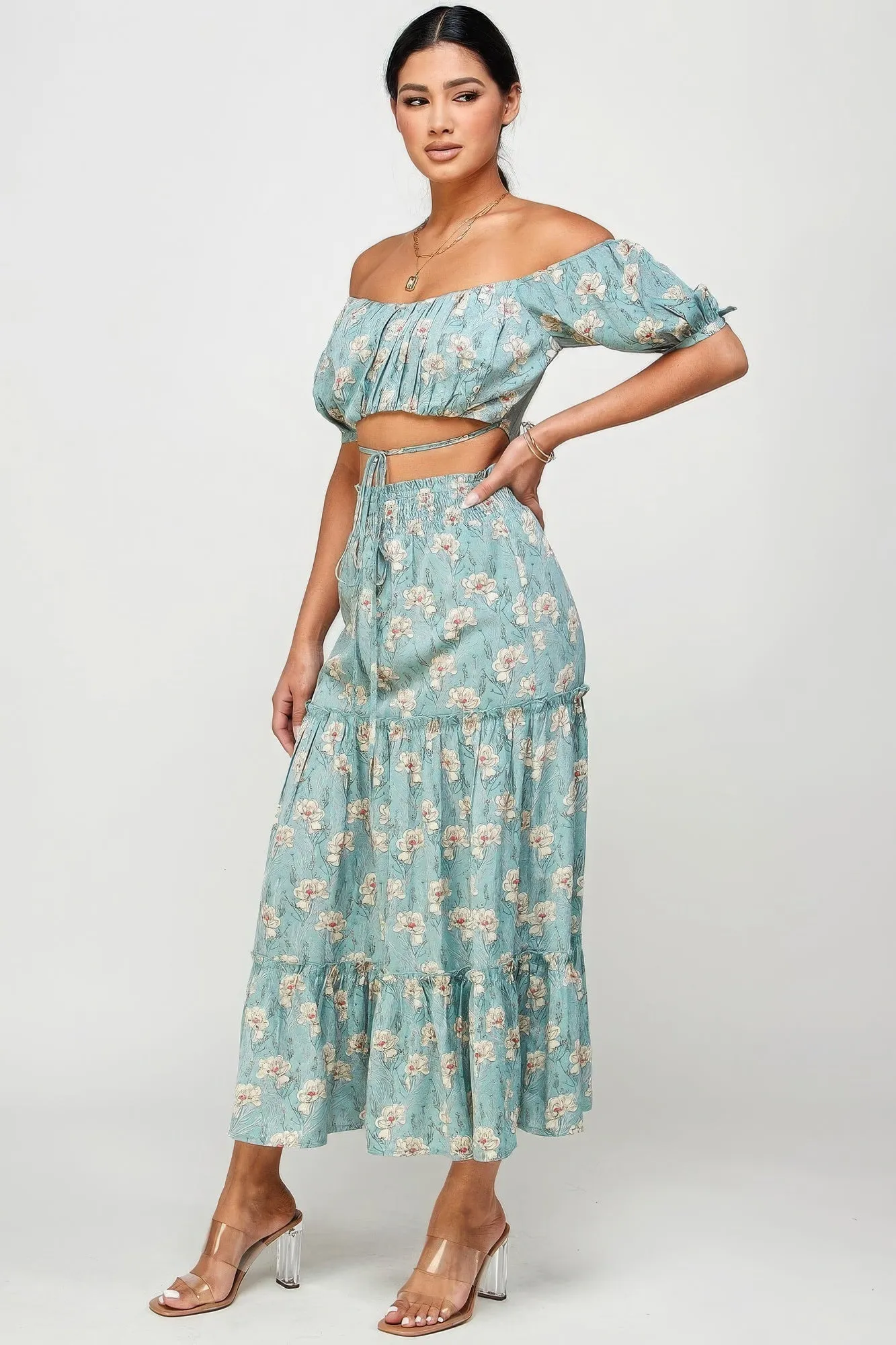 Blue Zone Planet |  Marisol's Floral Off Shoulder Sleeve Back Tie Top Skirt Set