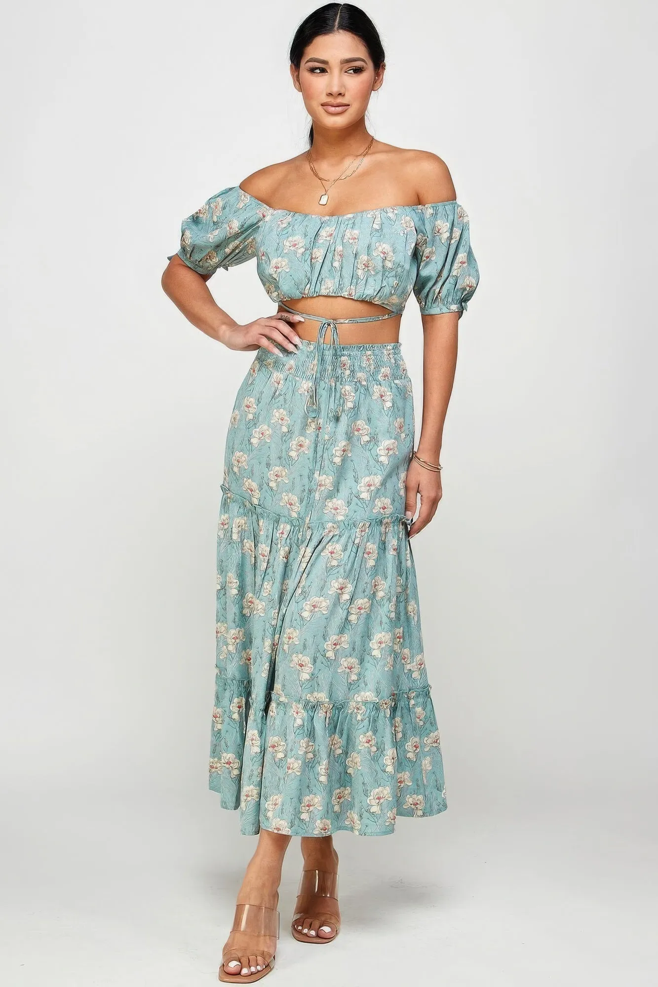 Blue Zone Planet |  Marisol's Floral Off Shoulder Sleeve Back Tie Top Skirt Set