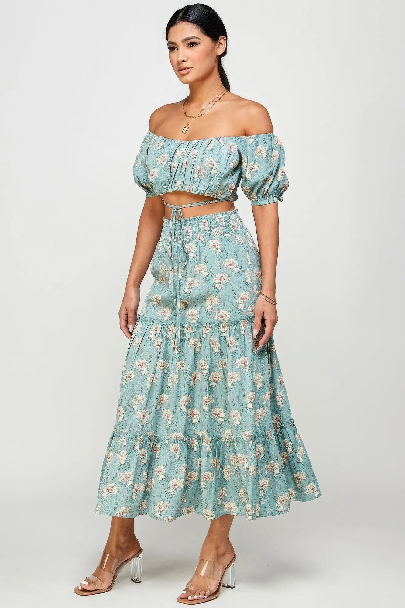 Blue Zone Planet |  Marisol's Floral Off Shoulder Sleeve Back Tie Top Skirt Set