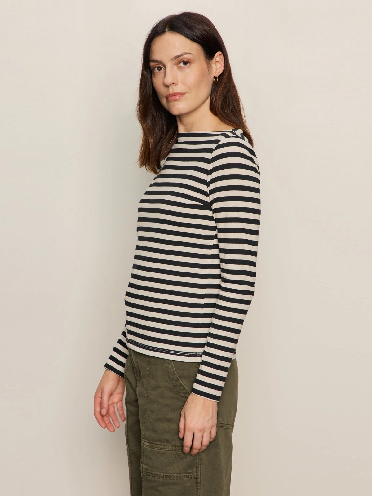 Boatneck Long Sleeve Tee Light Oat/Black Stripe Non Restrictive